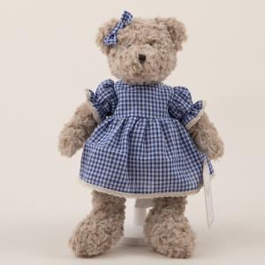 Cute plush teddy with checkered dress/overalls